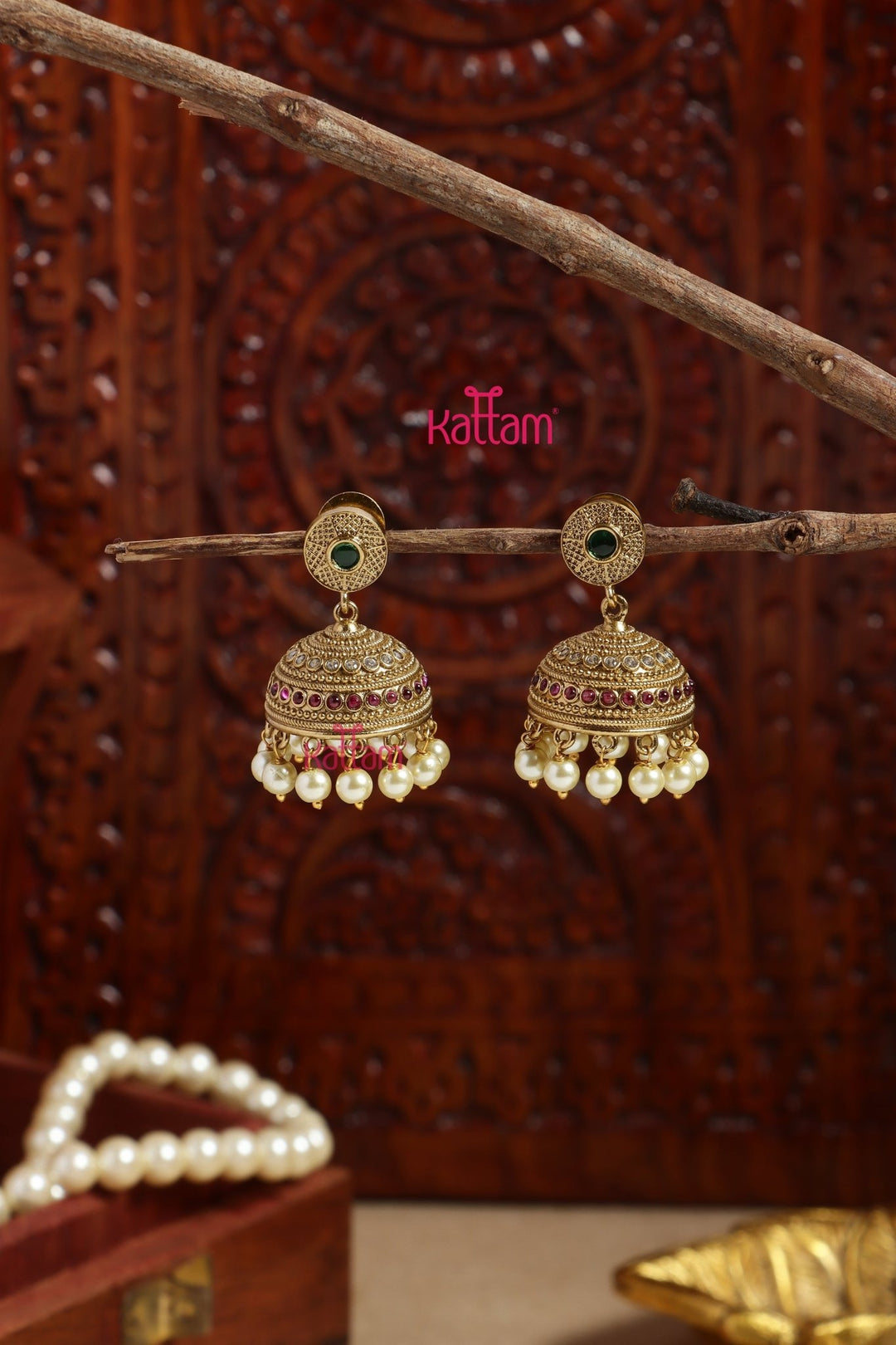 Patterned Pearl Ruby Jhumka - E1194