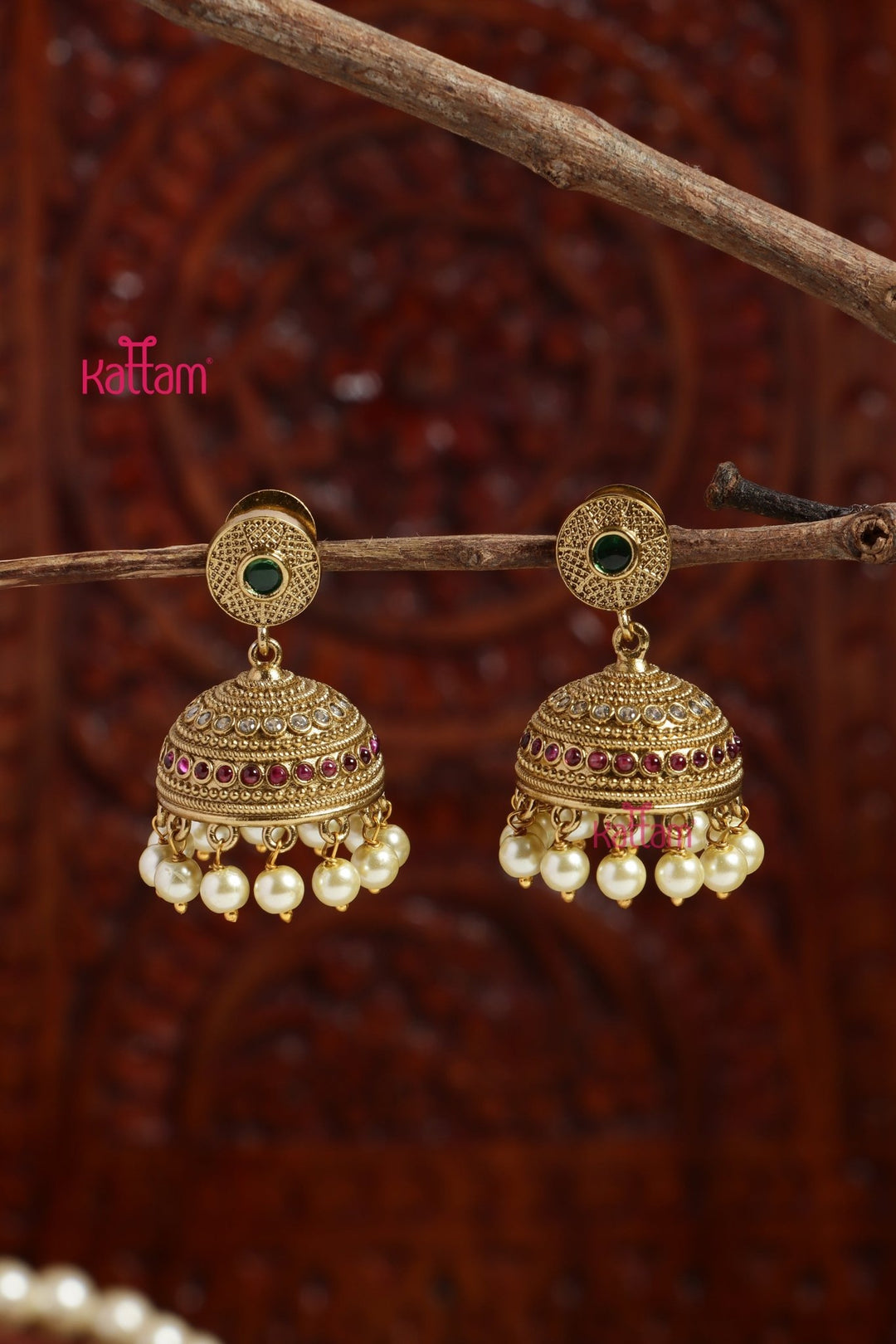 Patterned Pearl Ruby Jhumka - E1194