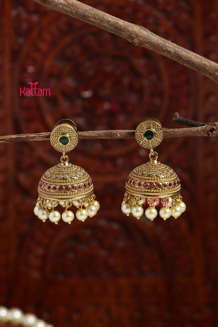 Patterned Pearl Ruby Jhumka - E1194