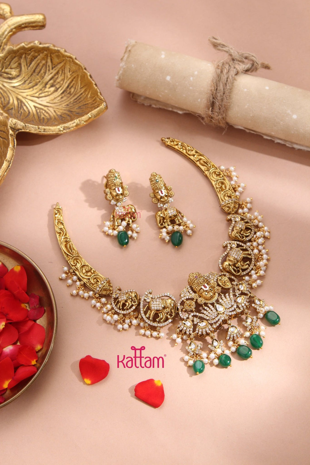 Perumal Engraved Hasli Choker - Green - N3346