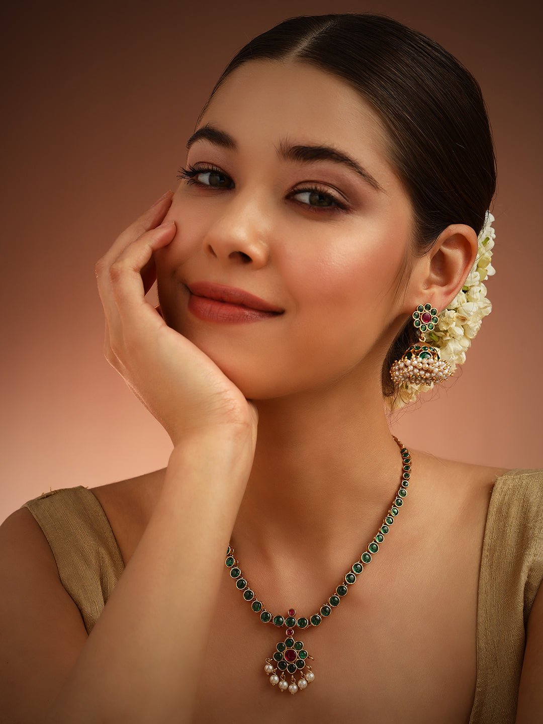 Poorna - Green Kemp Stone Attigai Necklace Set - N2860