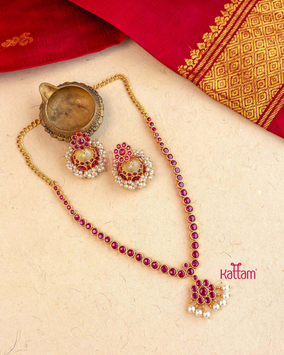 Poorna - Ruby Kemp Stone Attigai Necklace Set - N2858
