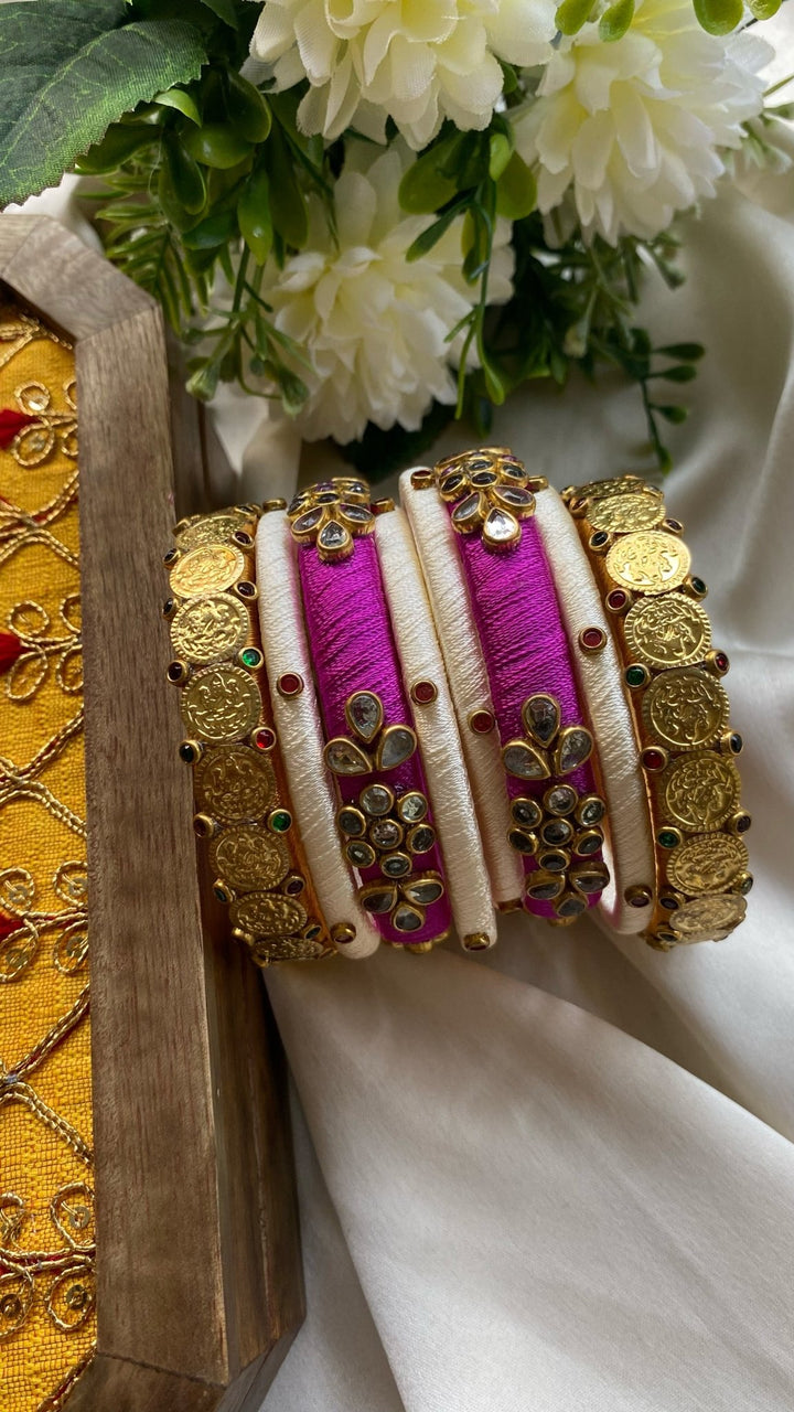 PRE ORDER - Coin with Pink Bold Silk Thread Handmade Kundan Bangles Set ( 1 hand set ) - KB065 -V4