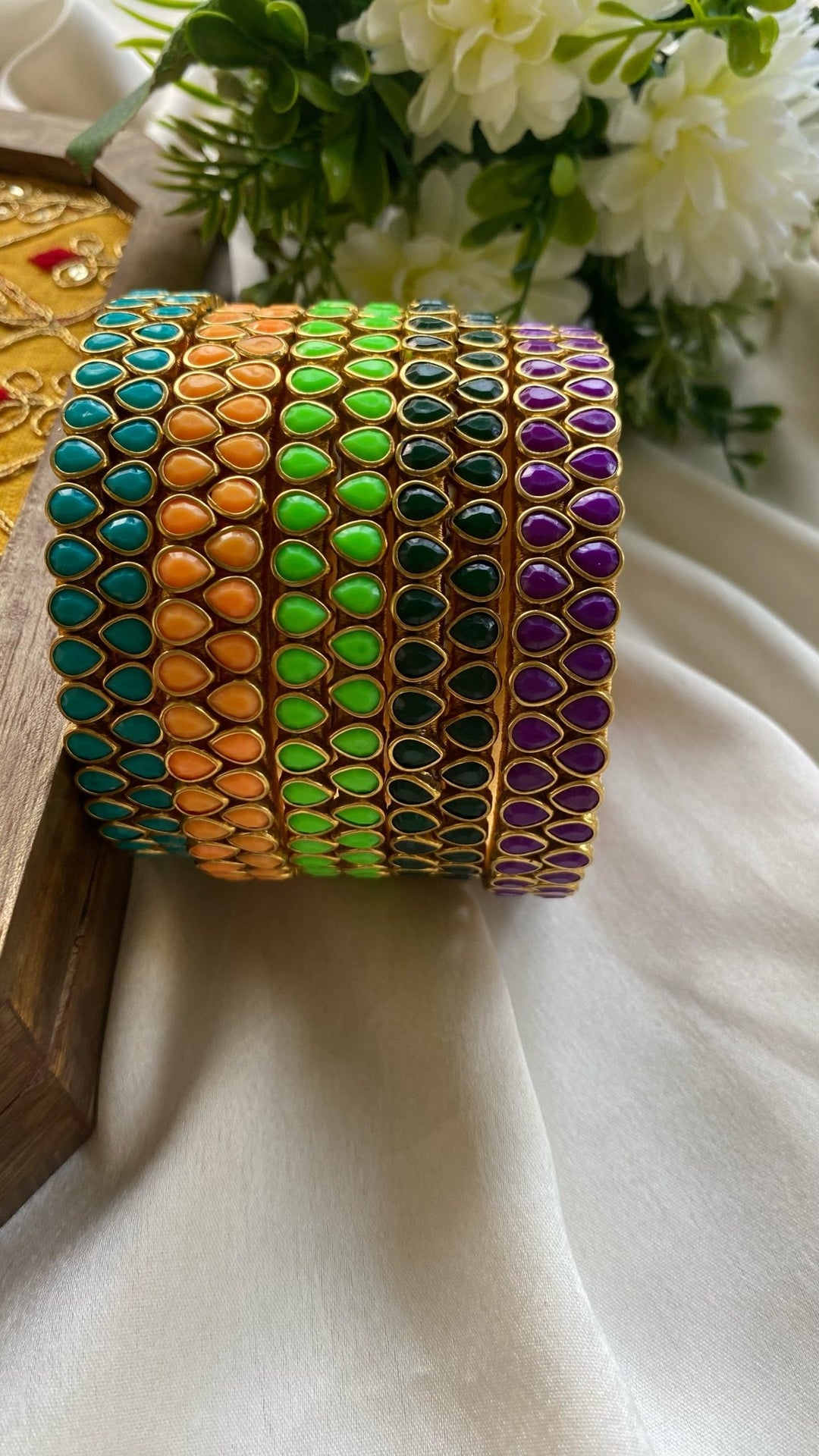 PRE ORDER - Drop Shape Handmade Kundan Bangles (5 colours Set) - KB072 - V4