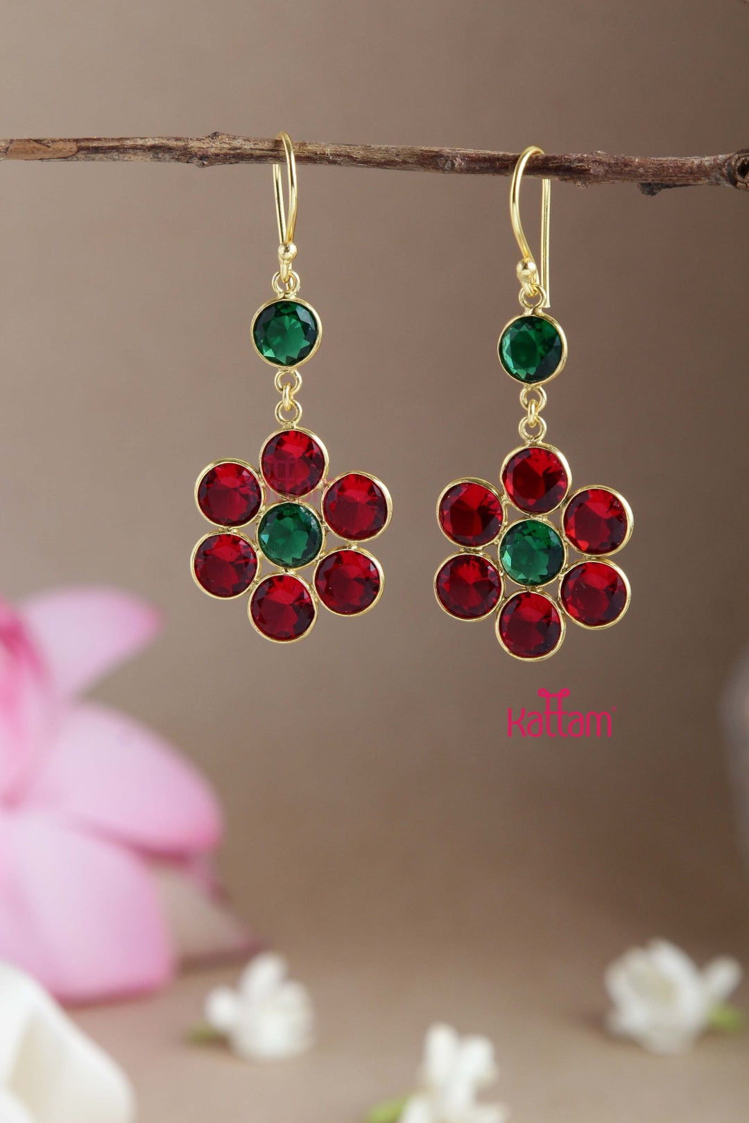 Red Green Gemstone Flower Hook Earring - E800