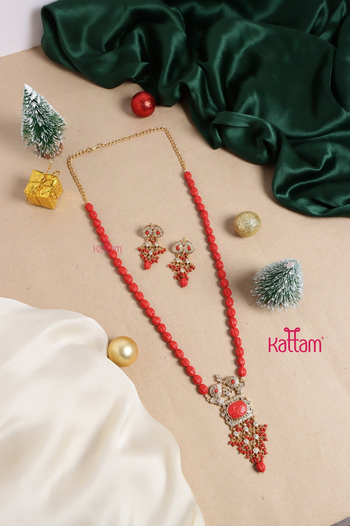 Rupali - Pumpkin Red Beaded Chain Set - N3470