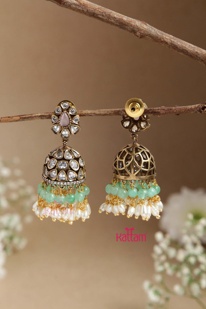 Sona - Victorian Diamond PastelGreen Beaded Jhumka - E854