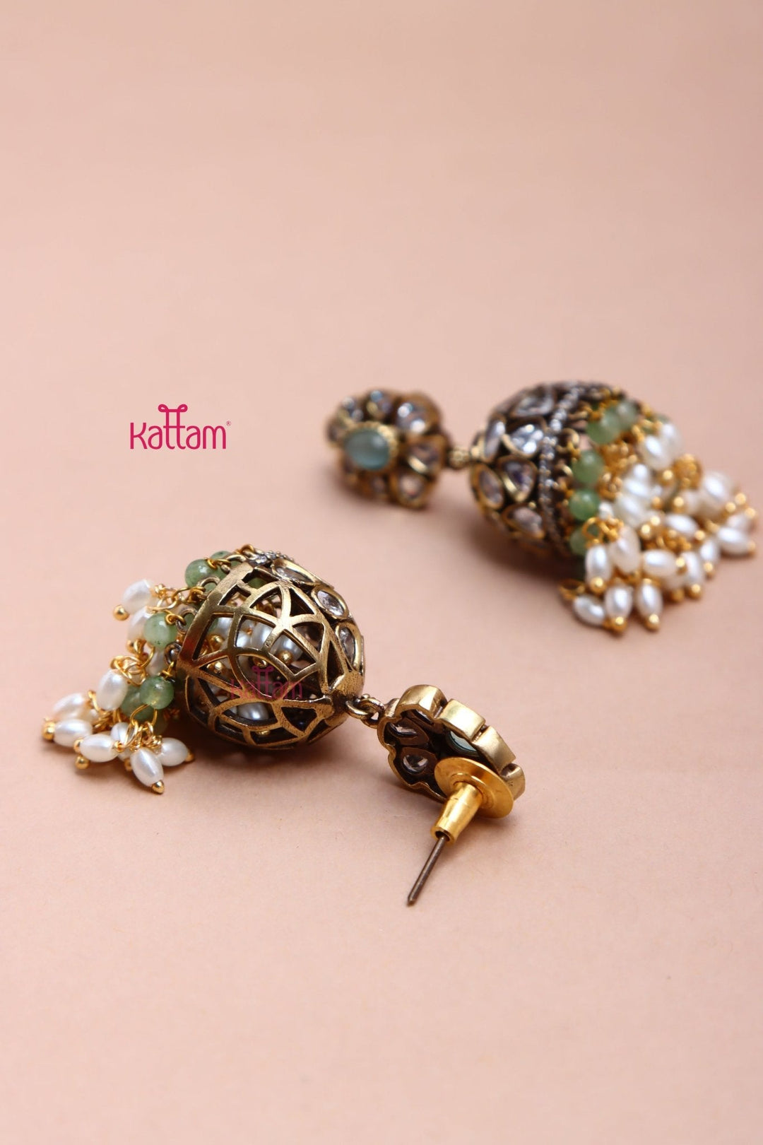 Sona - Victorian Diamond Pearl Pastelgreen Jhumka - E1070