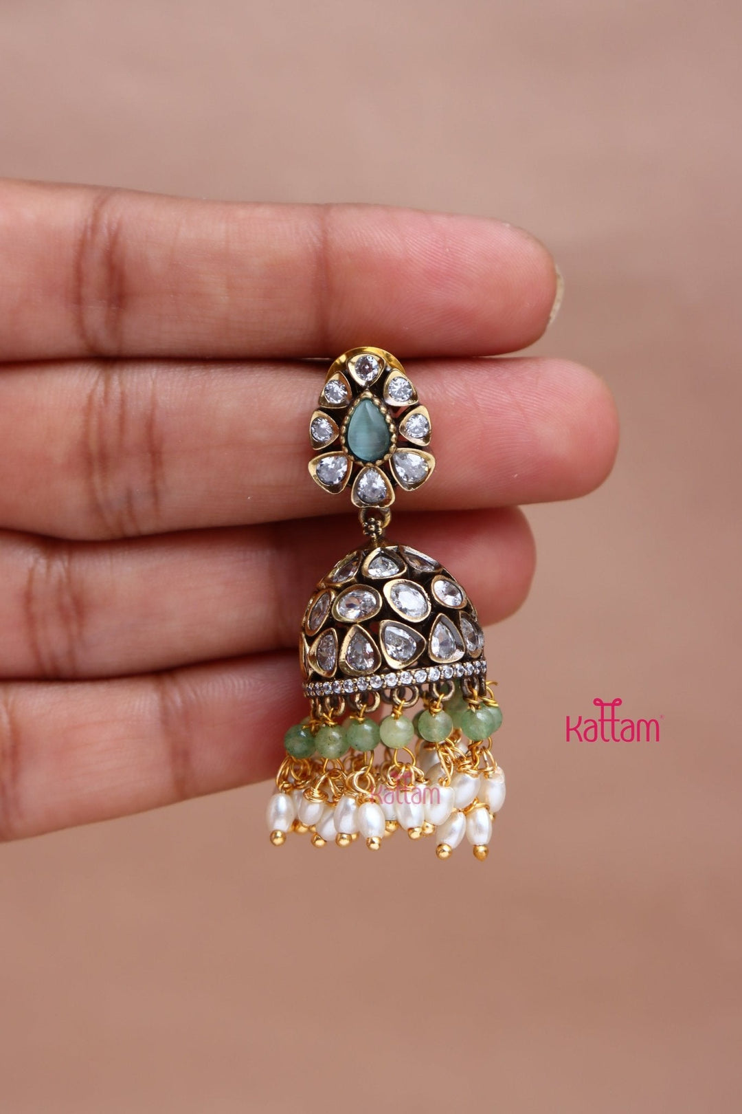 Sona - Victorian Diamond Pearl Pastelgreen Jhumka - E1070