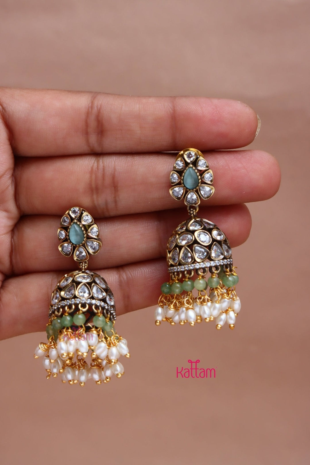 Sona - Victorian Diamond Pearl Pastelgreen Jhumka - E1070
