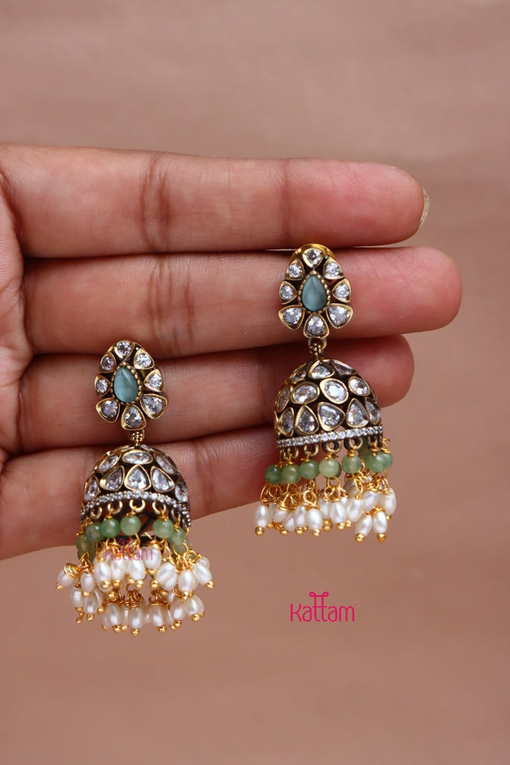 Sona - Victorian Diamond Pearl Pastelgreen Jhumka - E1070