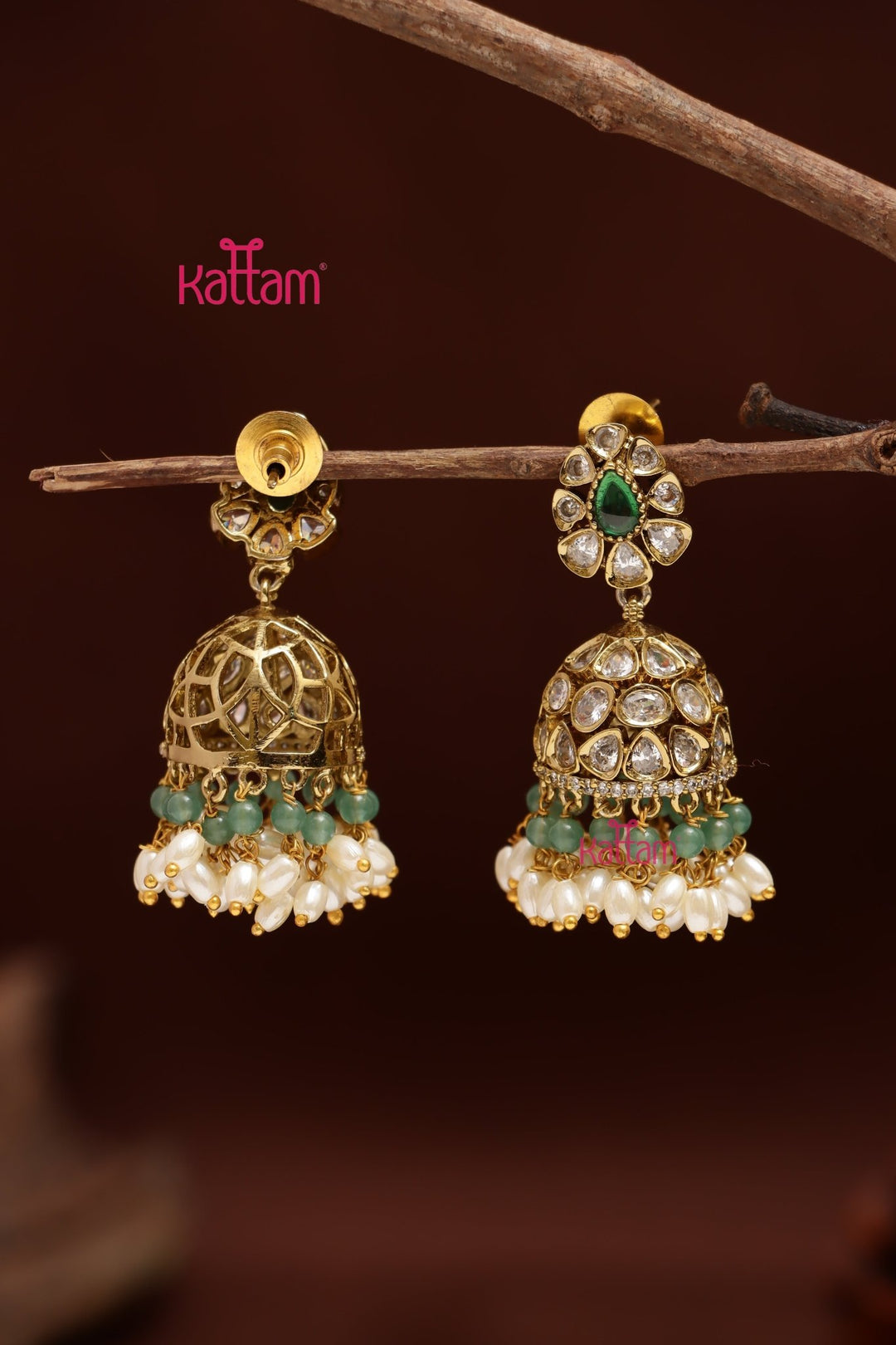 Sona - Victorian Green with Pastelgreen Beaded Jhumka - E1217