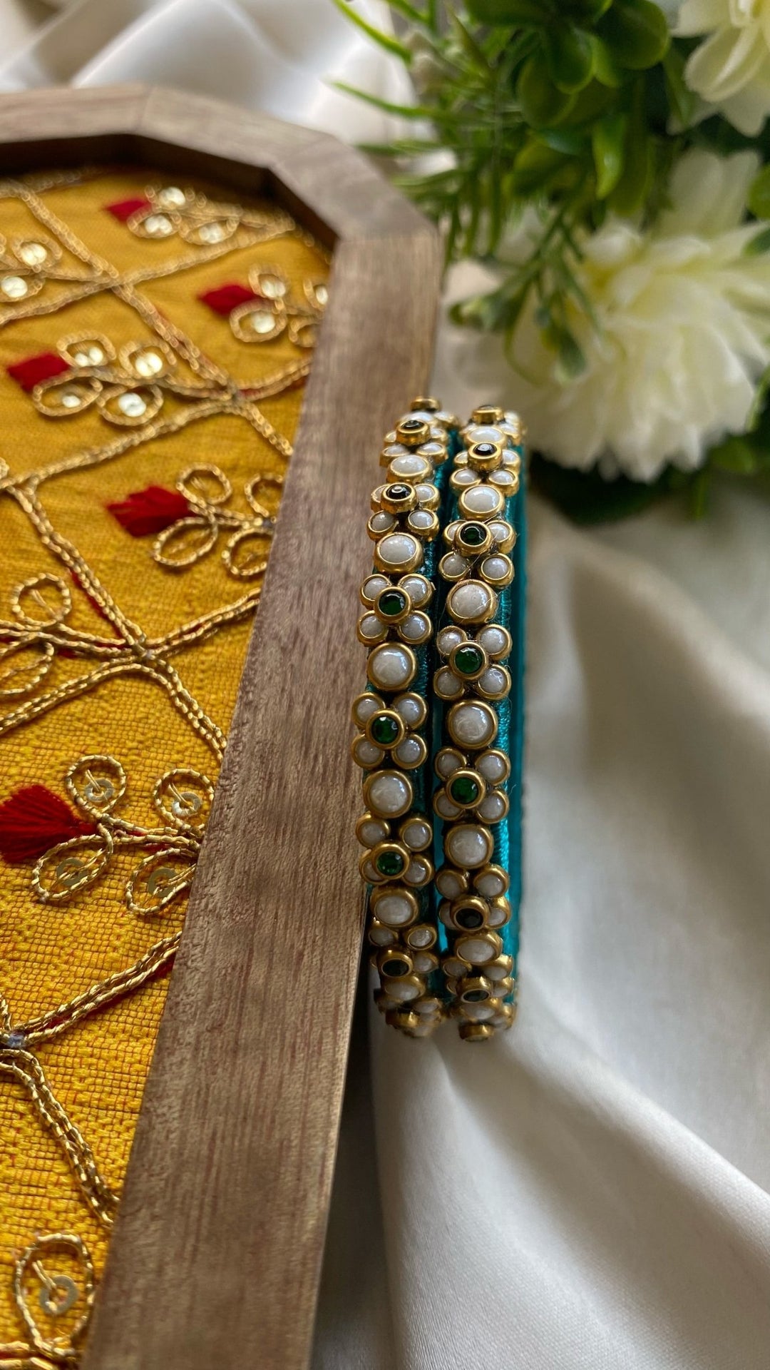 Turquoise Silk Thread Floral Handmade Kundan Bangles (Set of 2 ) - KB061 -V4