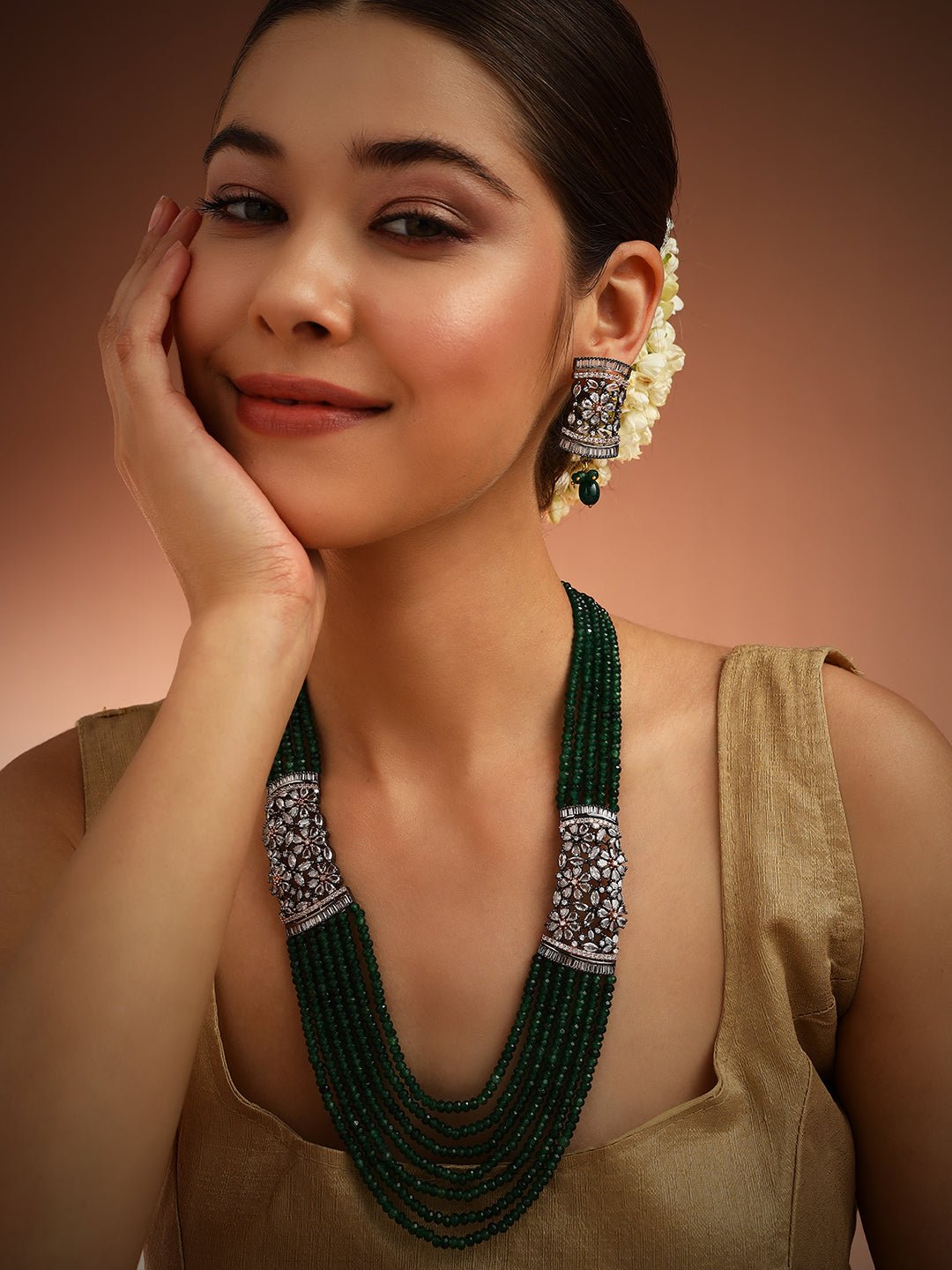 Victorian AD Floral Green Crystal Bead Haram - N6038