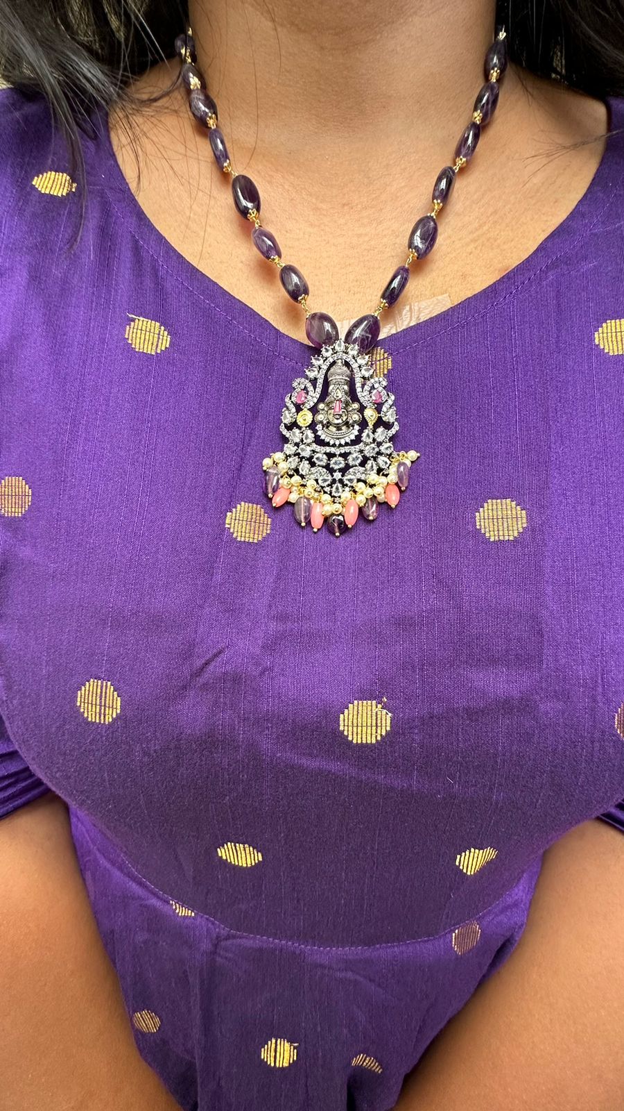 Victorian AD Perumal Pendant Purple Bead Mala - N2441