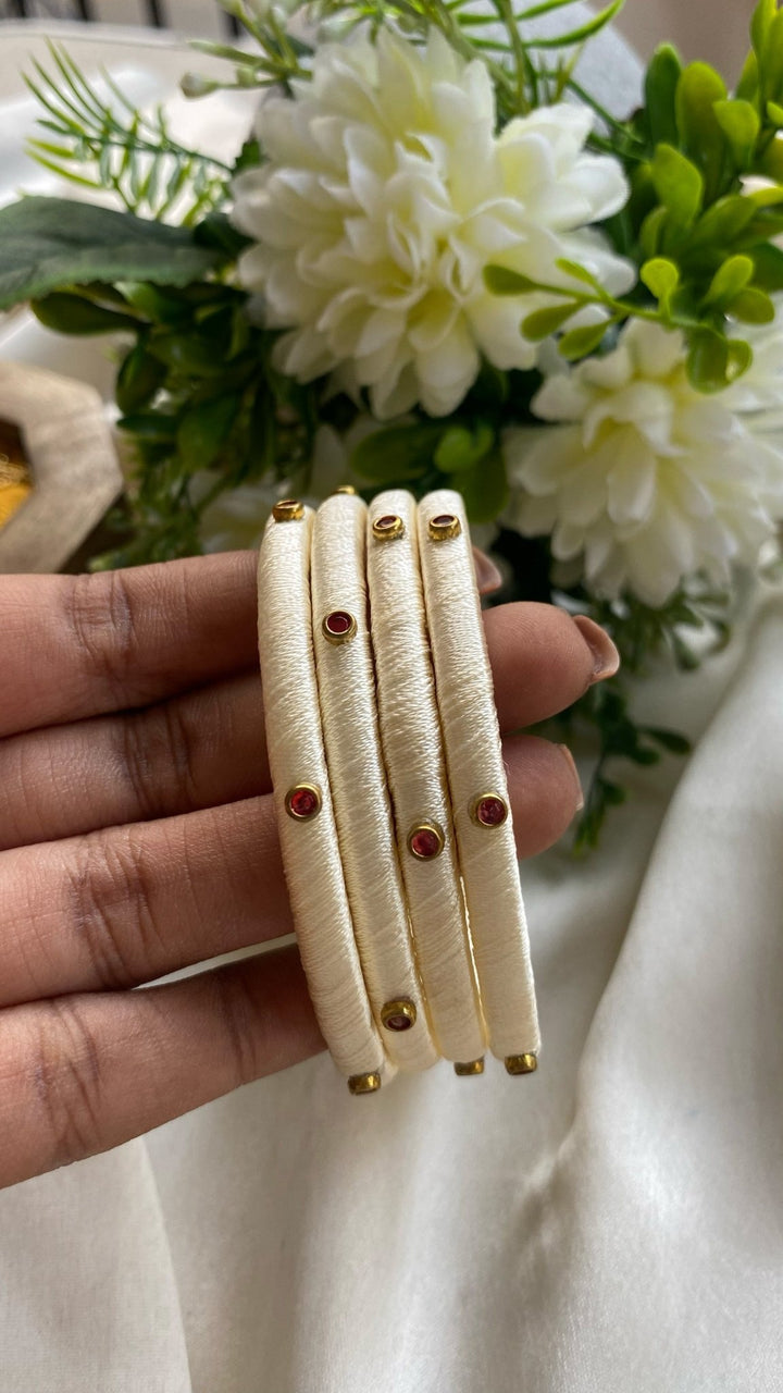 White Silk Thread Handmade Kundan Bangles (Set of 2 ) - KB063 - V4