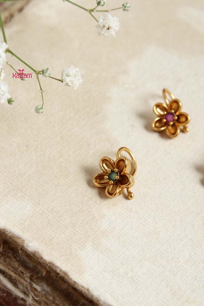 White Stone Golden Flower Pressing Style Nose Pin - NP003