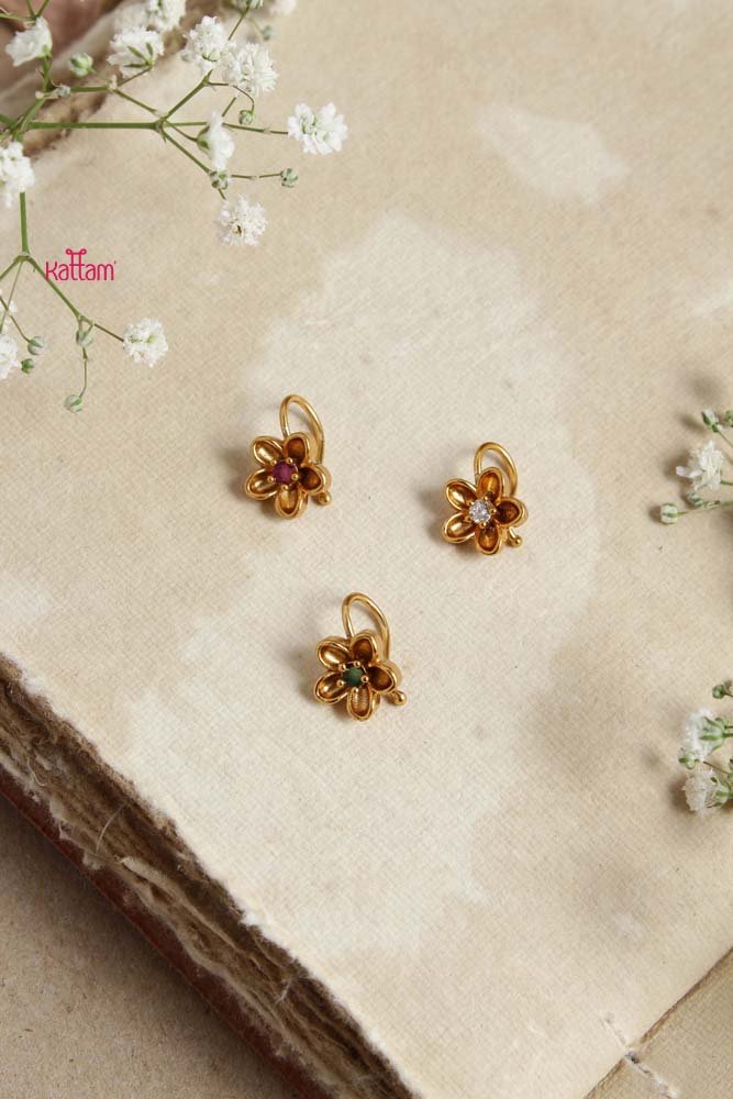 White Stone Golden Flower Pressing Style Nose Pin - NP002