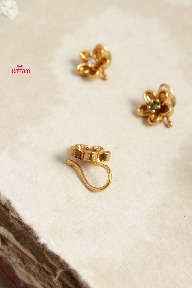White Stone Golden Flower Pressing Style Nose Pin - NP002