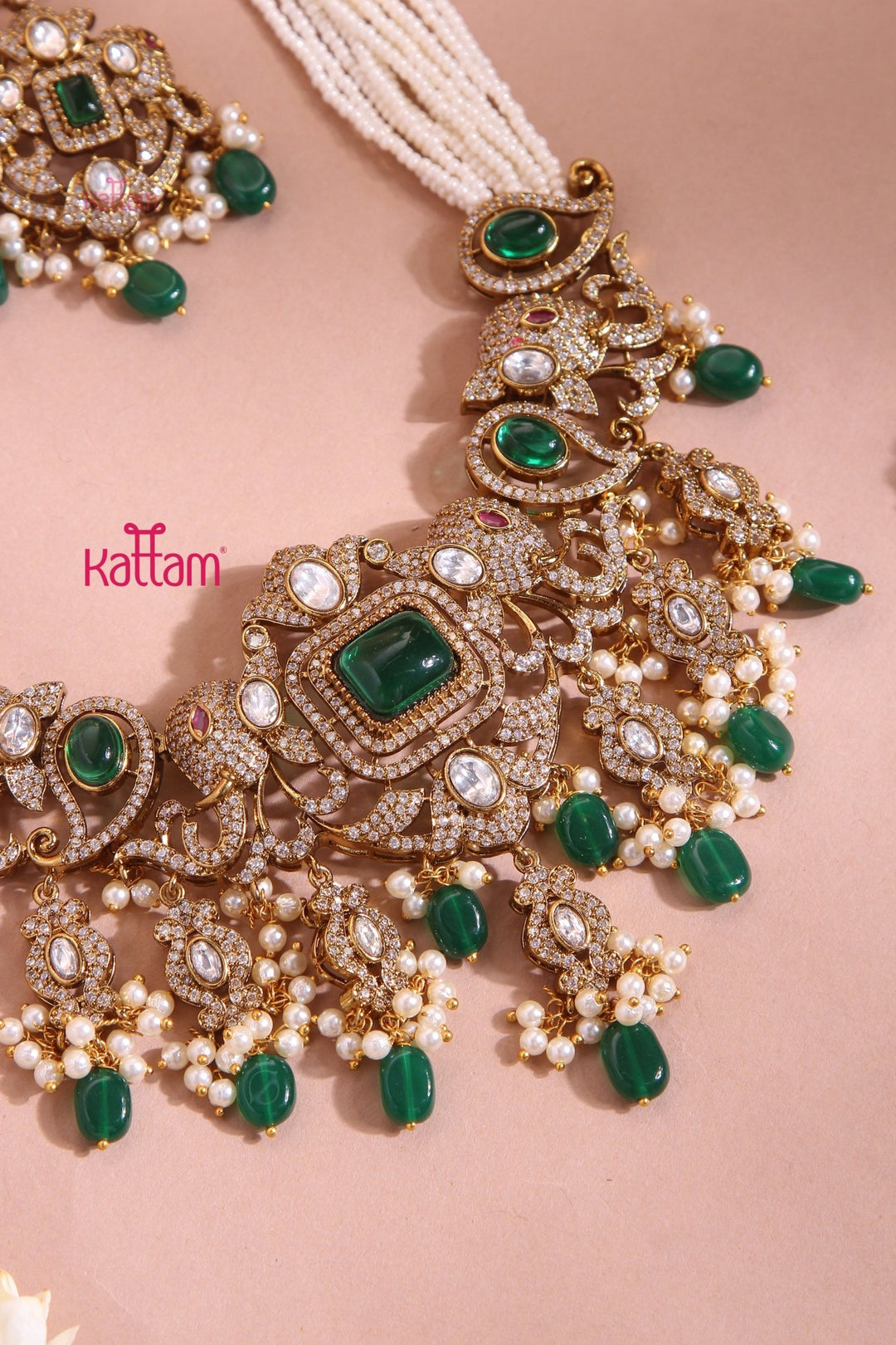 Zyana - Victorian Elephant Green Beaded Necklace - N6156