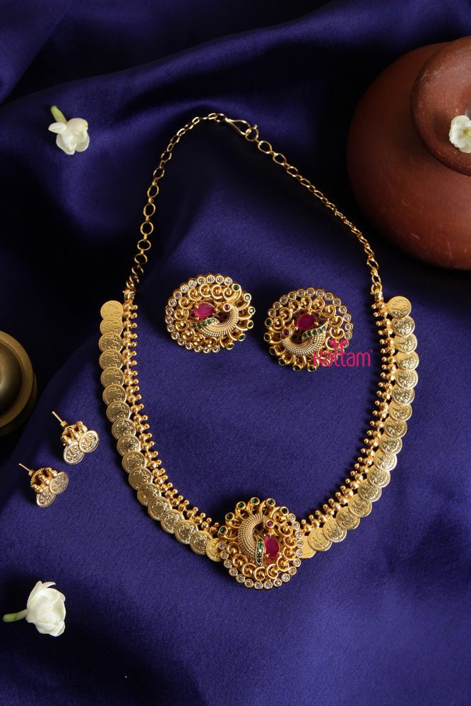 2 in 1 Ruby Peacock Pendant Coin Choker - N1904
