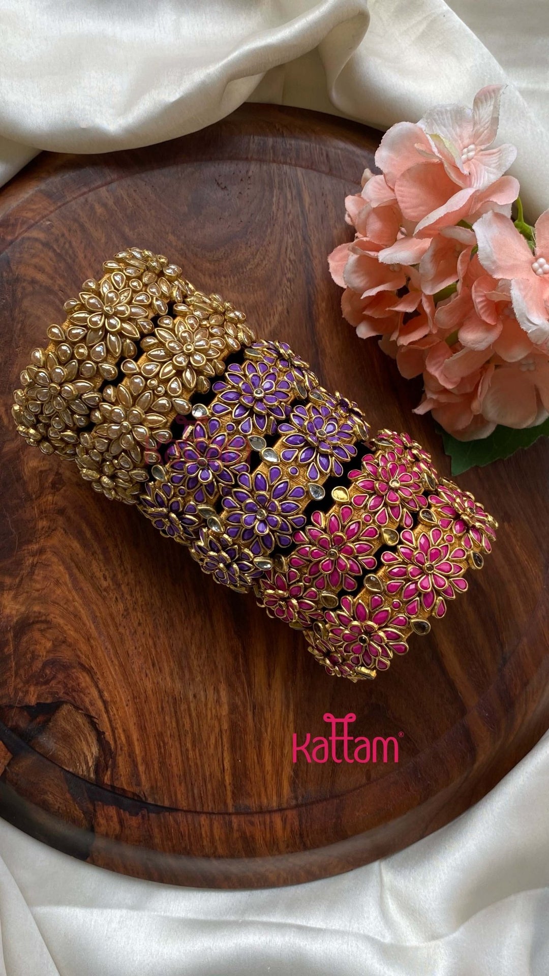 3D Kundan Flower Bangle Set - KB108 - V4