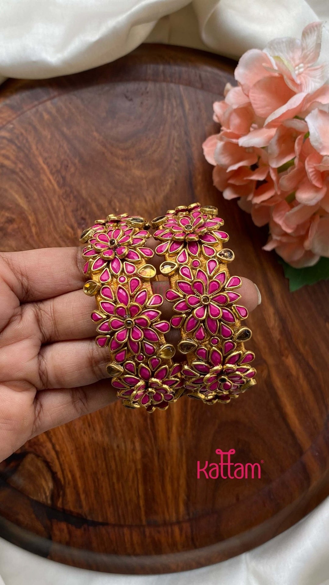 3D Kundan Pink Flower Bangle Set - KB107