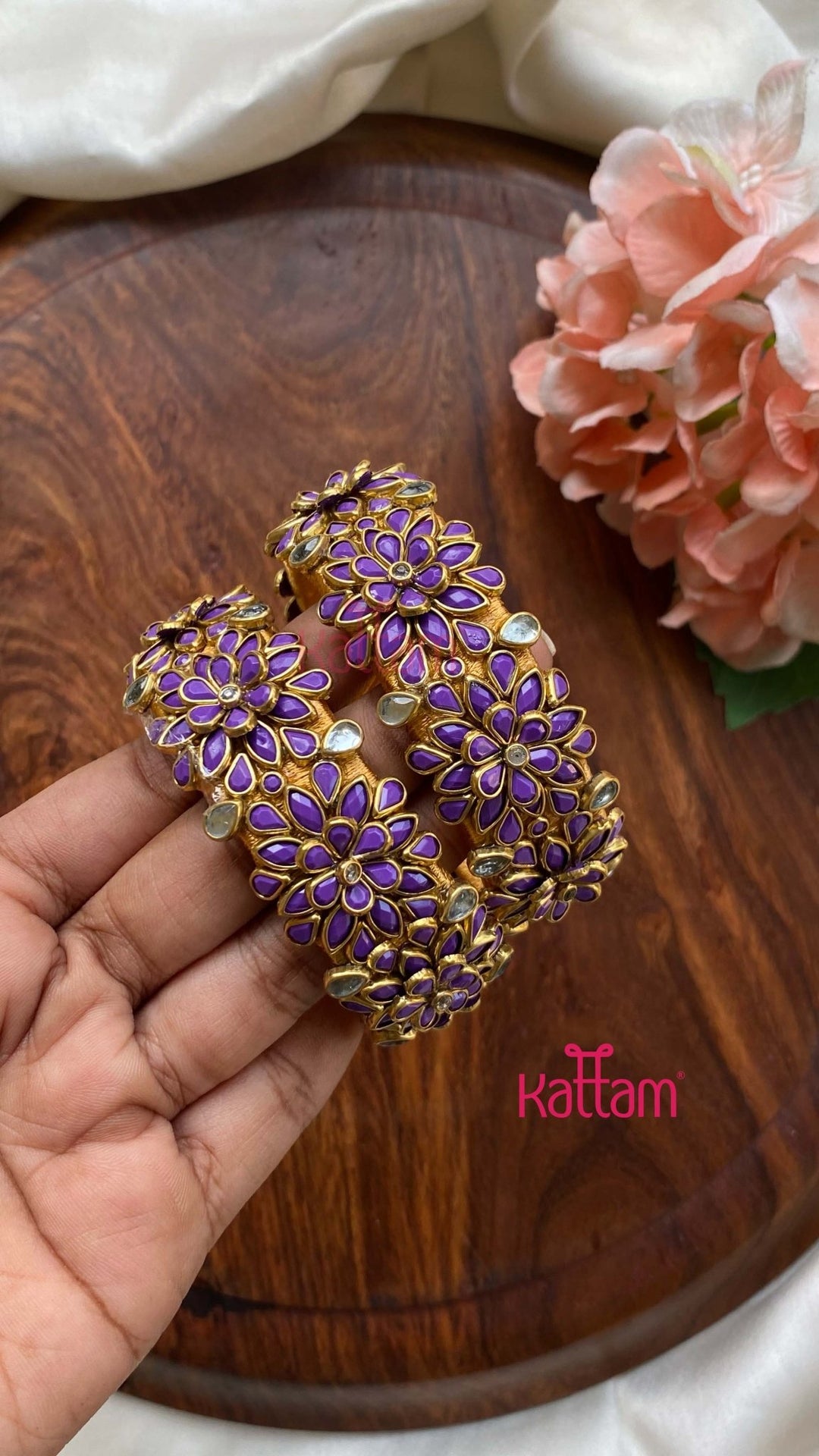 3D Kundan Purple Flower Bangle Set - KB106