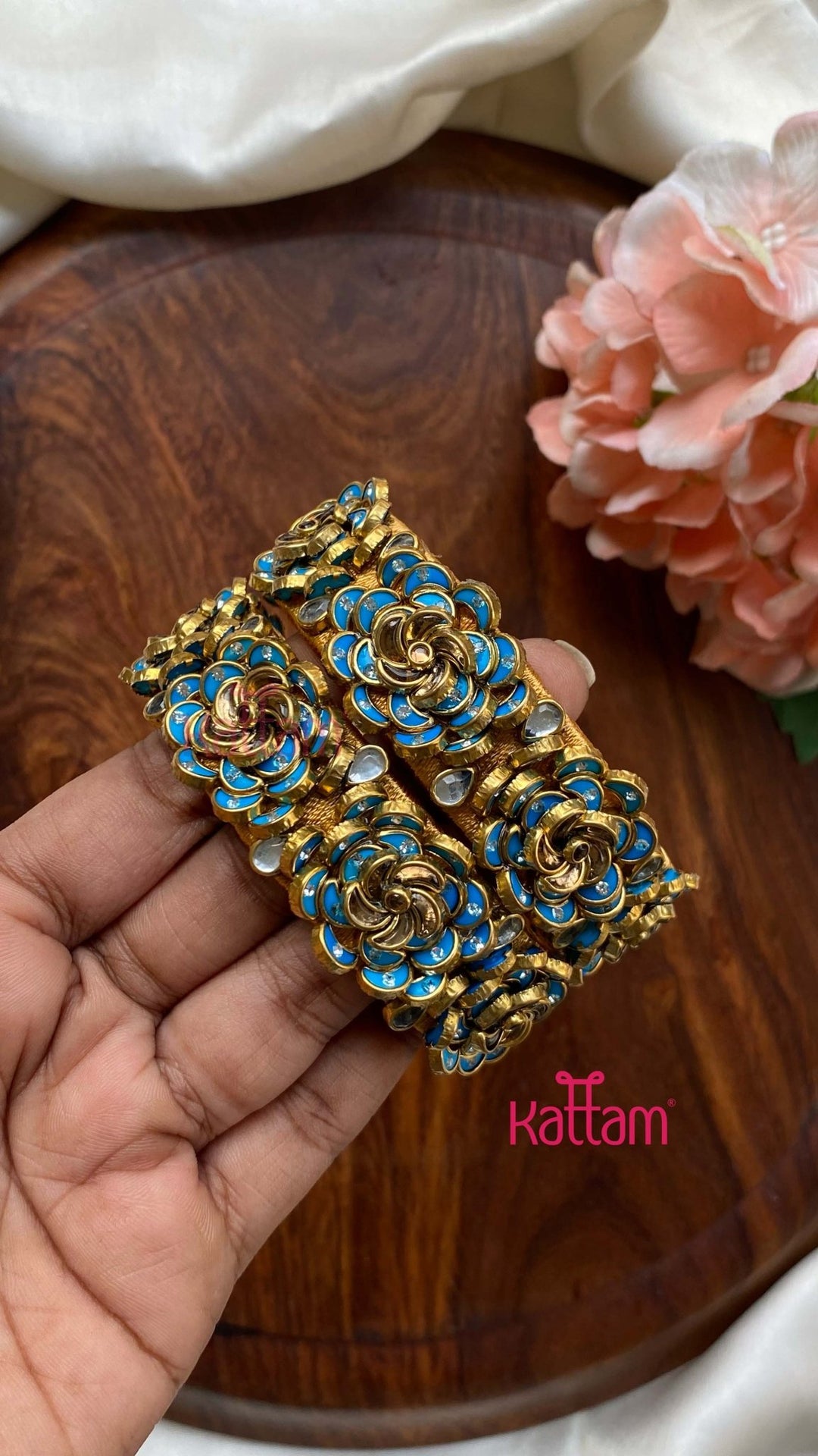 3D Kundan Rose Bangle Set - Skyblue - KB109 - V4