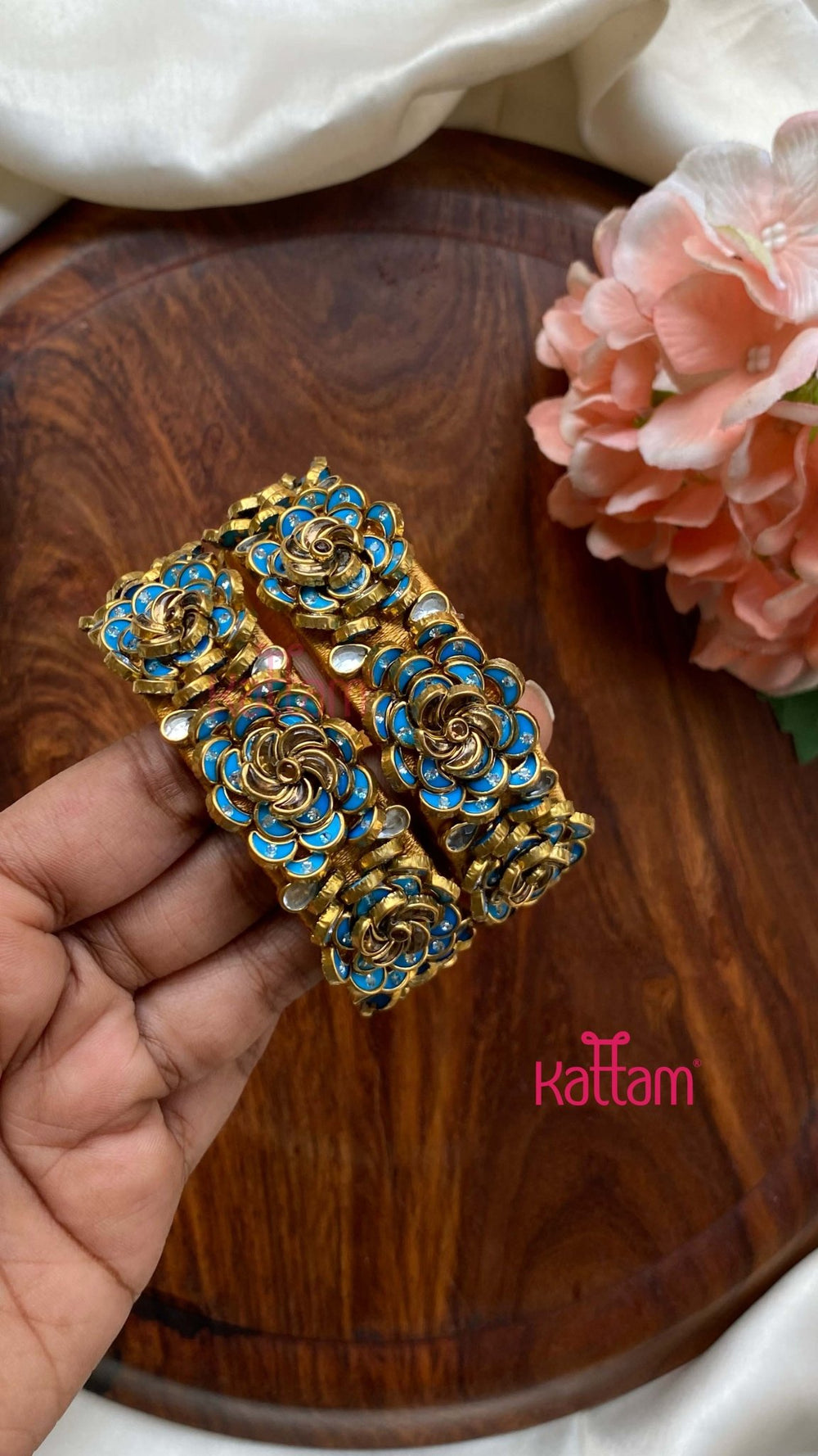 3D Kundan Rose Bangle Set - Skyblue - KB109 - V4