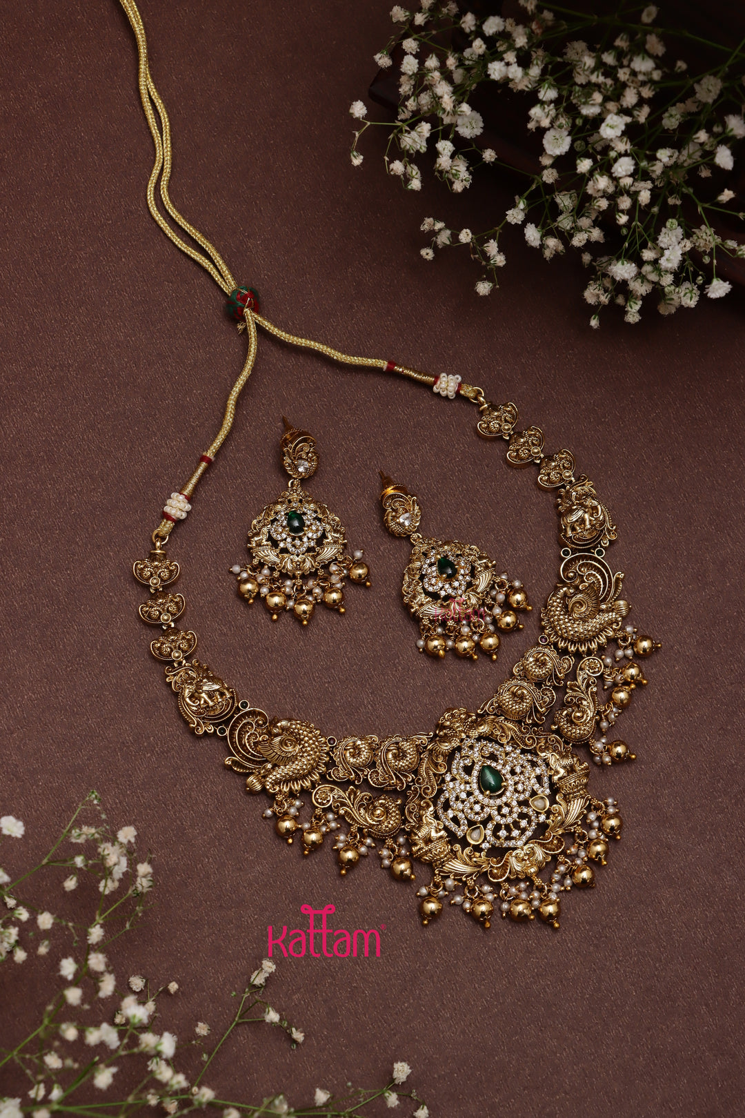 Aarudhra - Goldtone Peacock Green Semi Bridal Set