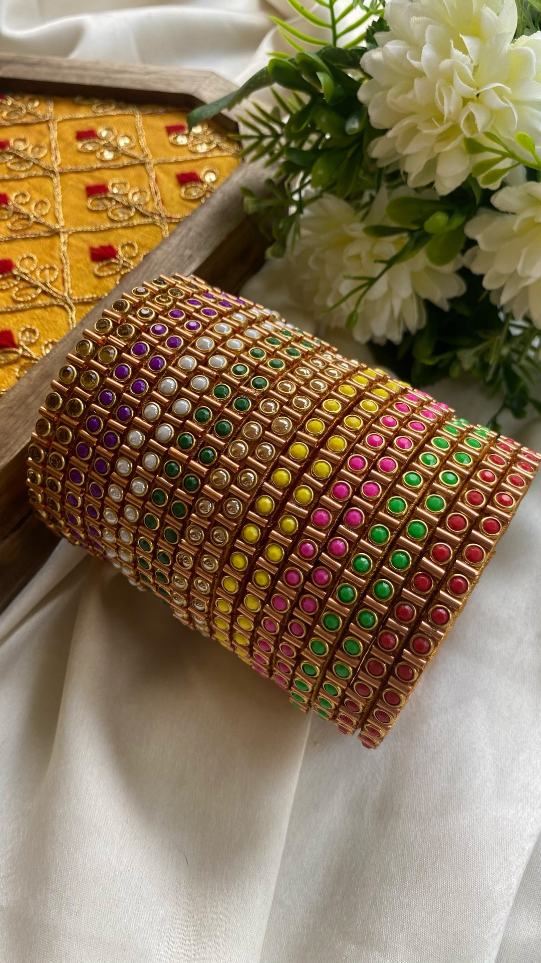 PRE ORDER - Dot Shape Handmade Kundan Bangles ( 9 colours Set)