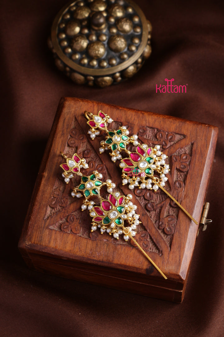 Kundan Lotus Floral Needle Ear Cuff Earrings