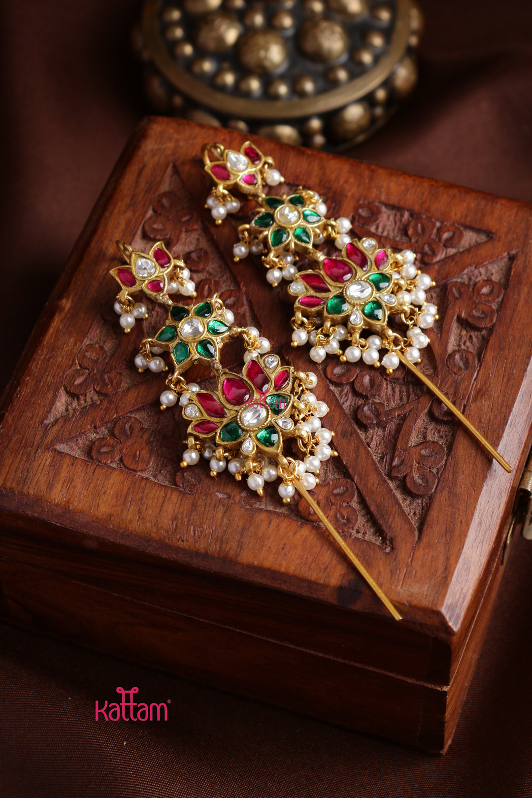 Kundan Lotus Floral Needle Ear Cuff Earrings