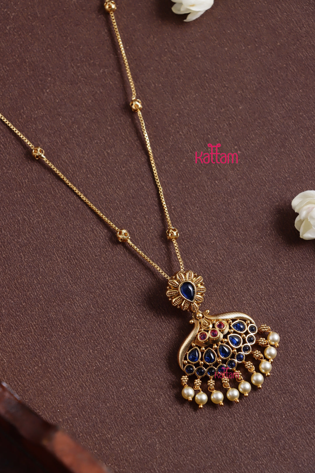 Peacock Blue Stone Pendant Chain Set