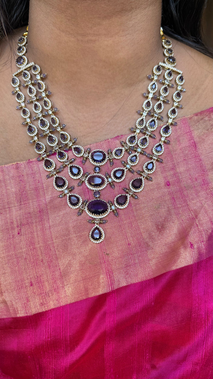 Exquisite Triple Layered Purple Moissanite Kundan Necklace