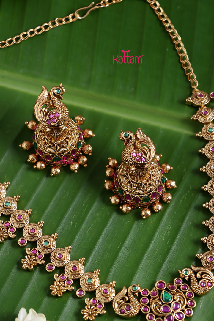 Yamuna - Flower Stone Peacock Necklace