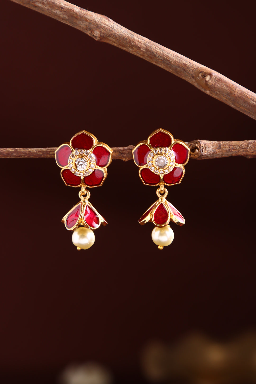 Enamel Ruby Flower Jhumka