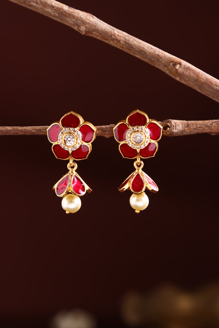 Enamel Ruby Flower Jhumka