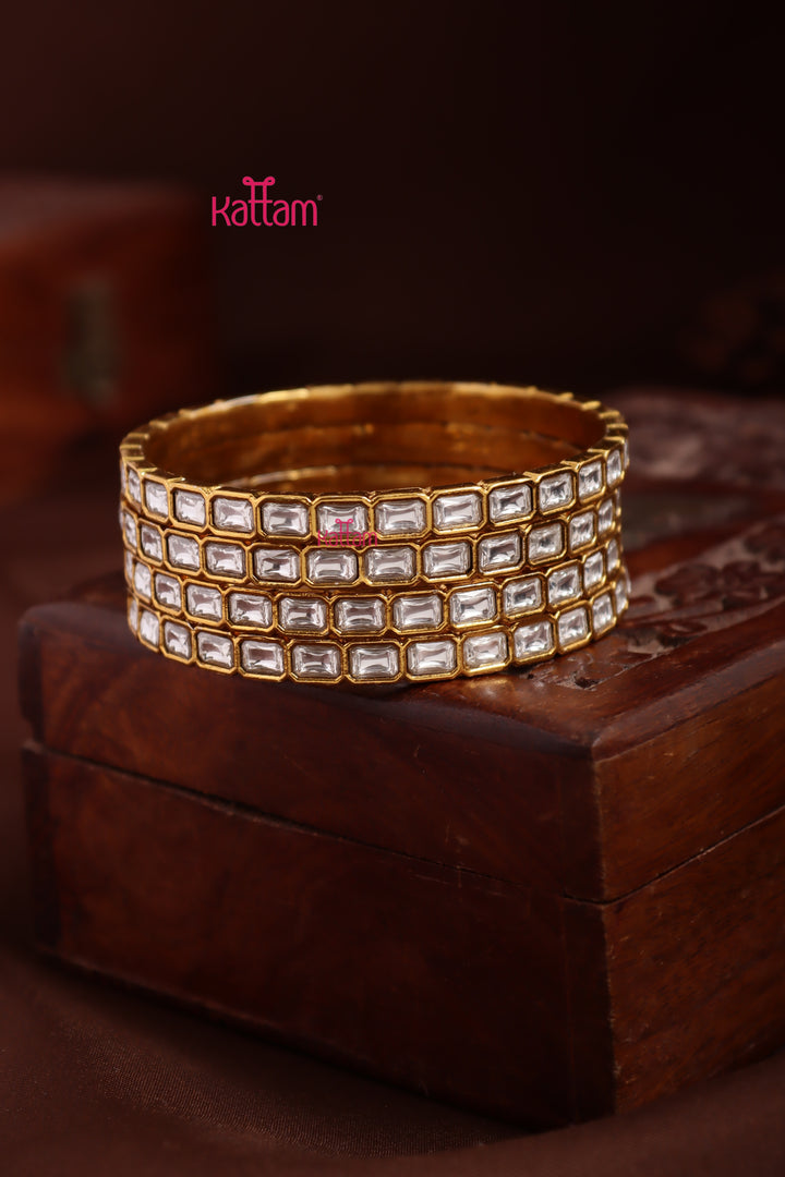Kundan Stone Rectanguler Bangle - White