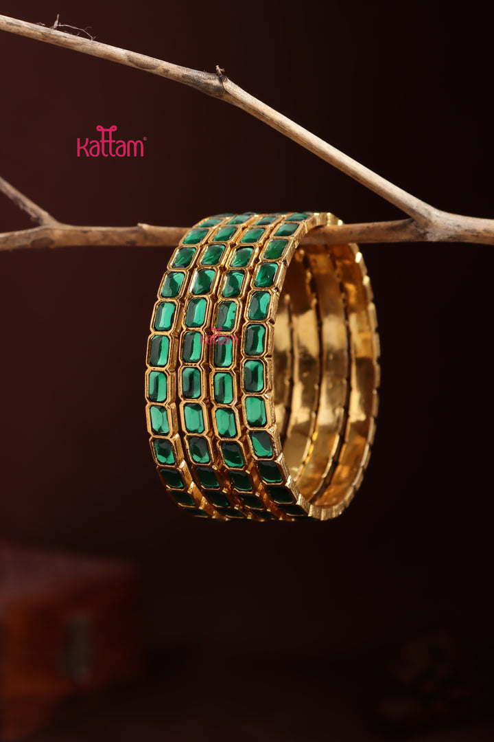 Kundan Stone Rectanguler Bangle - Green