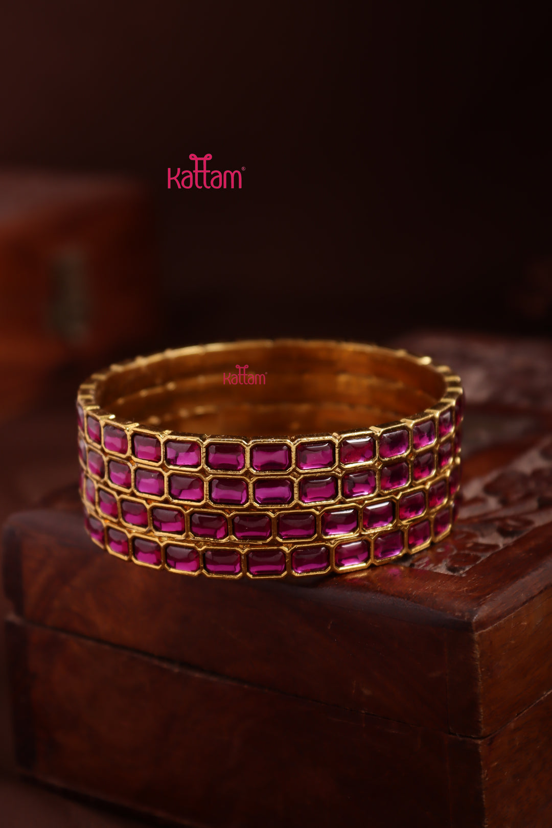 Kundan Stone Rectanguler Bangle - Ruby