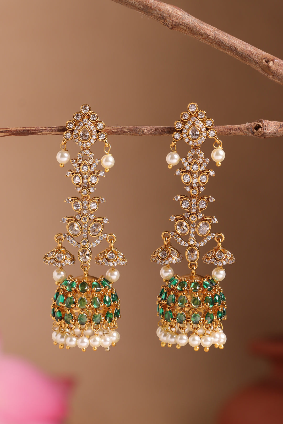 Emerald Green White Stone Long Earrings