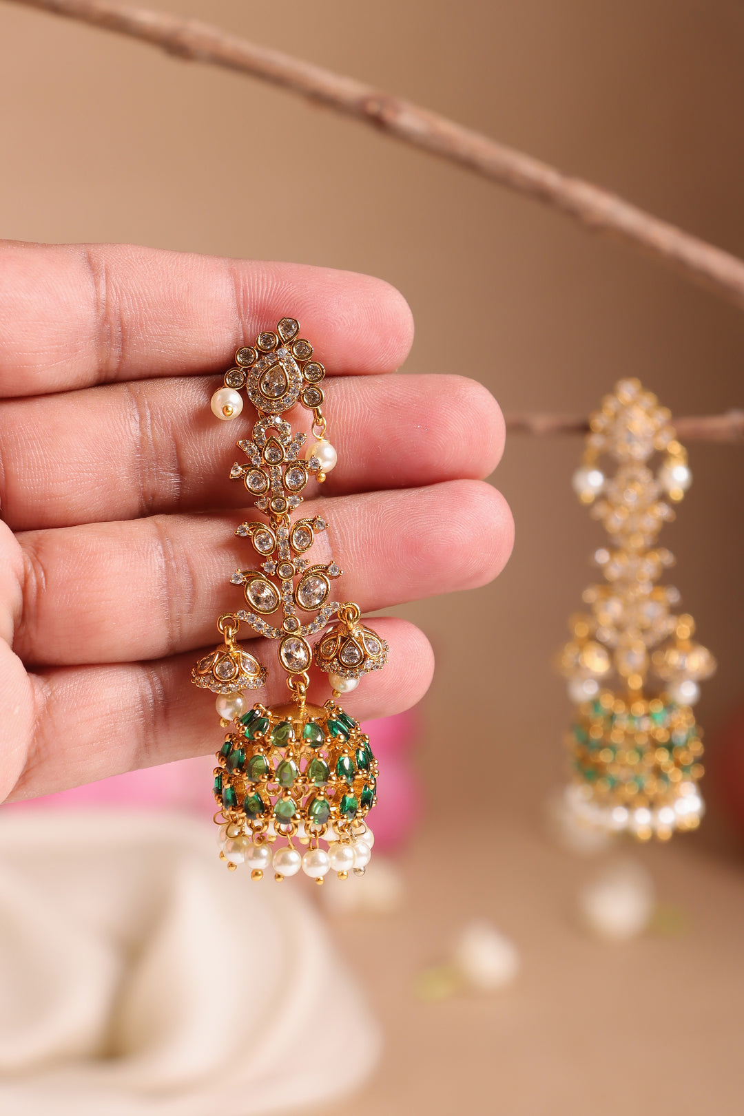 Emerald Green White Stone Long Earrings