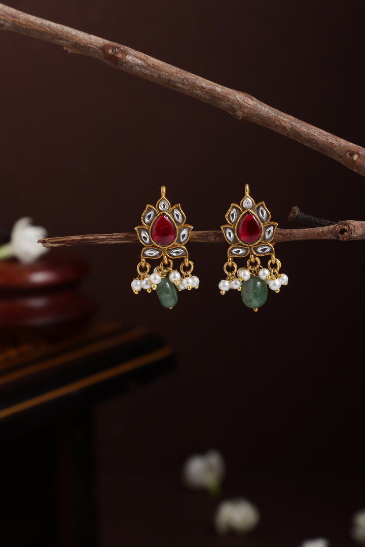 Thilagam Kundan Stone Earring - RubyWhite