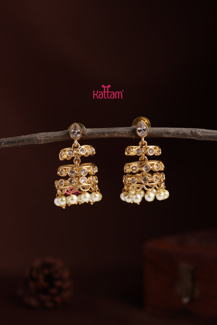 Spiral Stone Bead Jhumka - Pearl