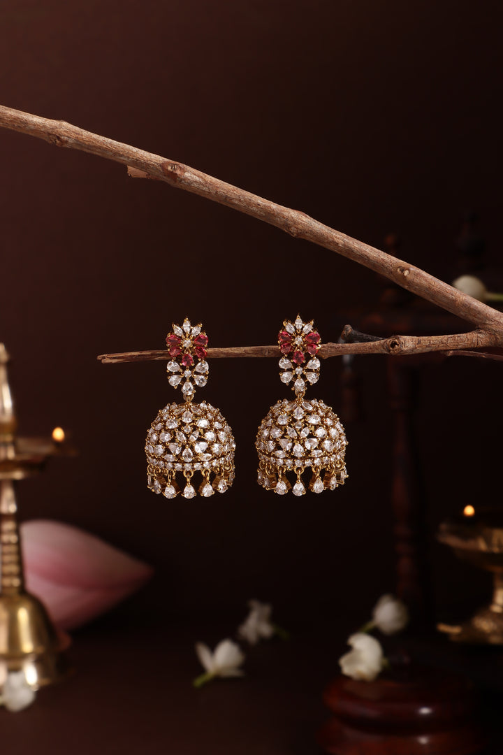 AD White Ruby Stone Pearl Jhumka