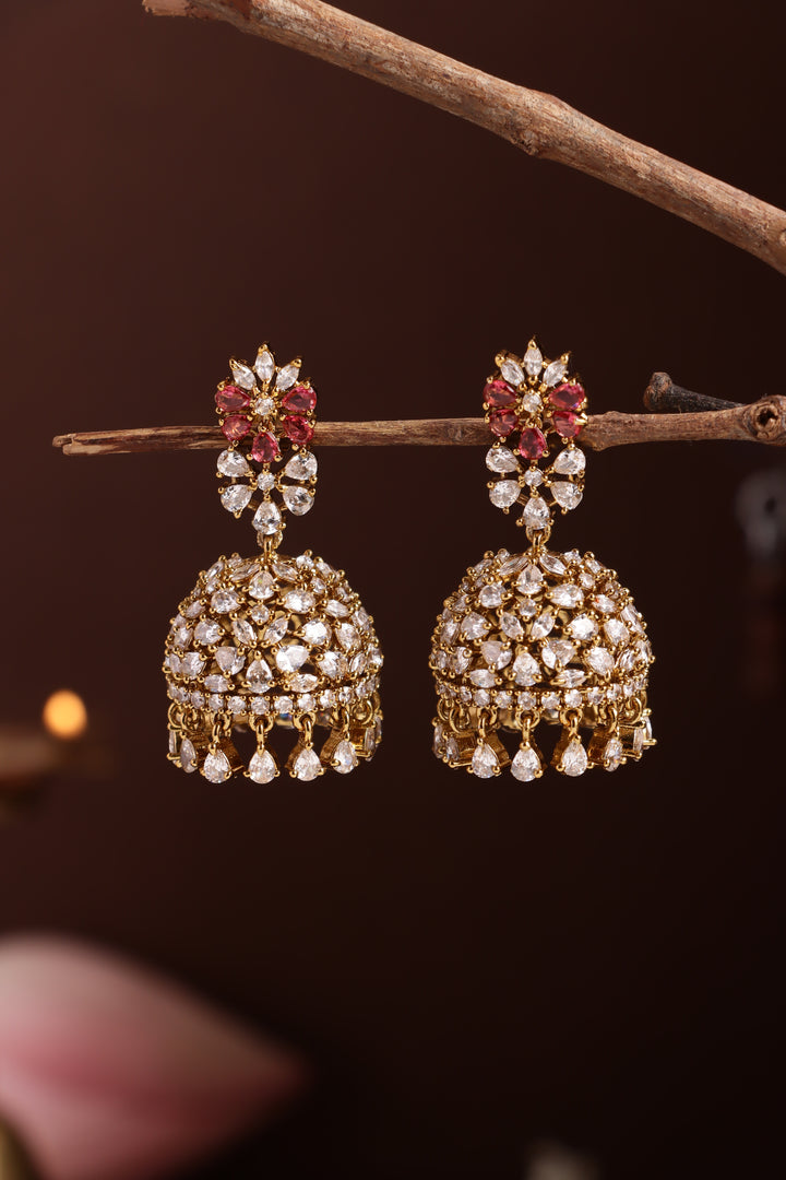 AD White Ruby Stone Pearl Jhumka