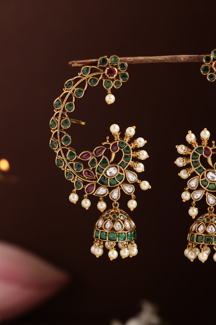 AD Green Leafy Peacock Earcuff Jhumka