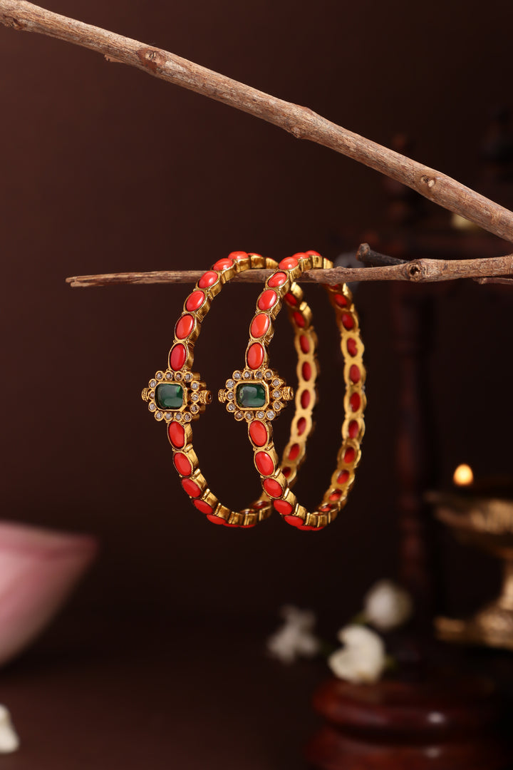 Coral Green Stone Bangle ( Set of 2 )